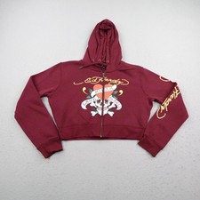 Ed Hardy Hoodie Womens XL Red Love Kills Slowly Skull Cropped Zip Up Sweatshirt