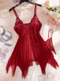 Women's Sexy-Lingerie Babydoll Sleepwear Christmas Lace Dress G-string Nightwear