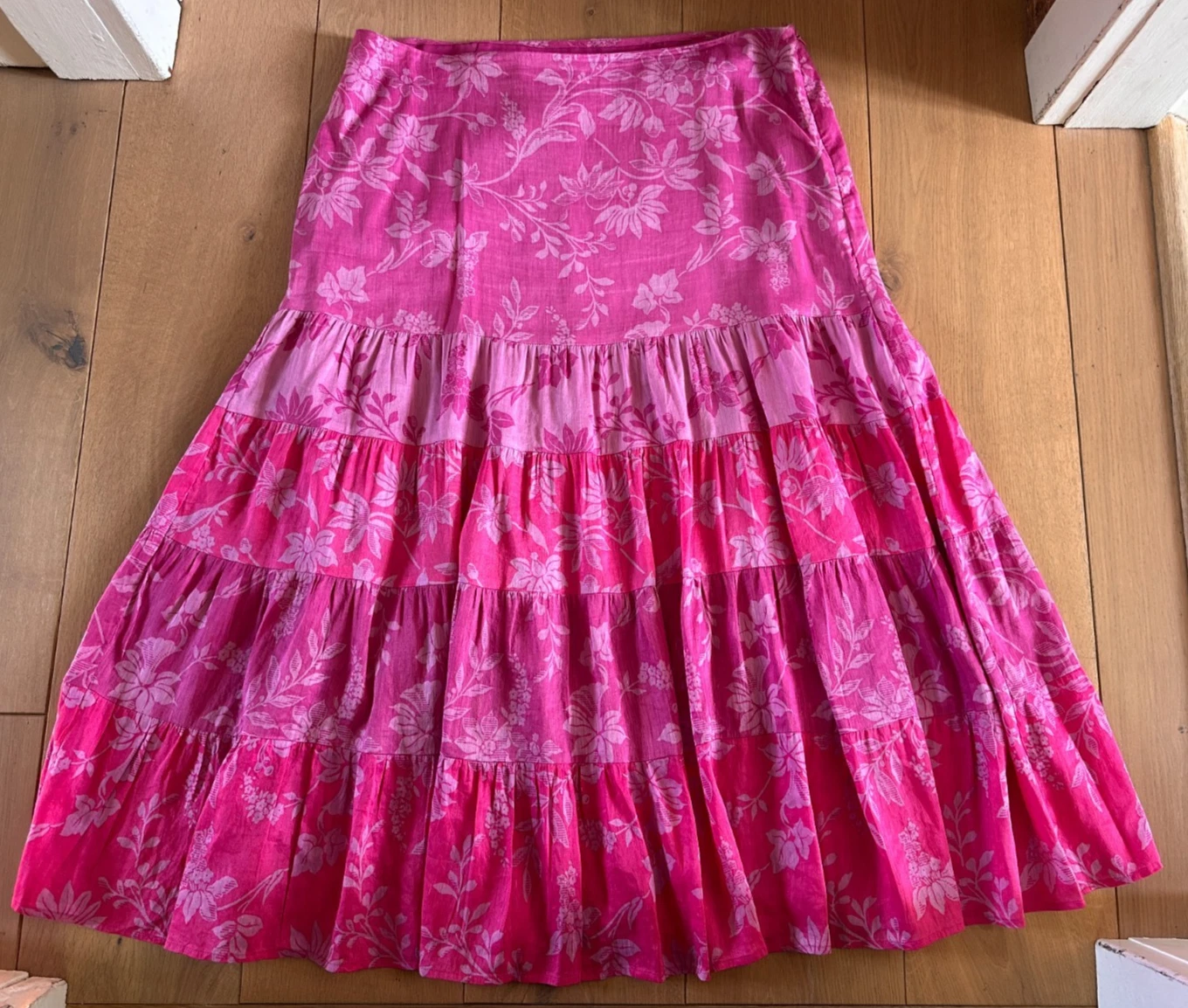 Monsoon ladies pink maxi skirt UK16 floral linen/silk ruffle layered long boho