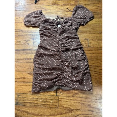 Stella Laguna Beach Brown Dotted Ruched Puff Sleeve Lace Up Mini Dress Medium