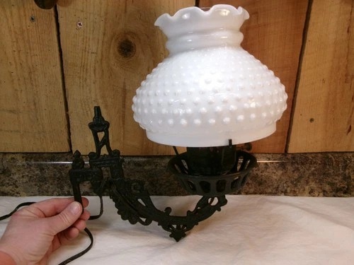Vintage Cast Iron Electric Wall Sconce Lamp Milk Glass Shade Swing Arm Bracket