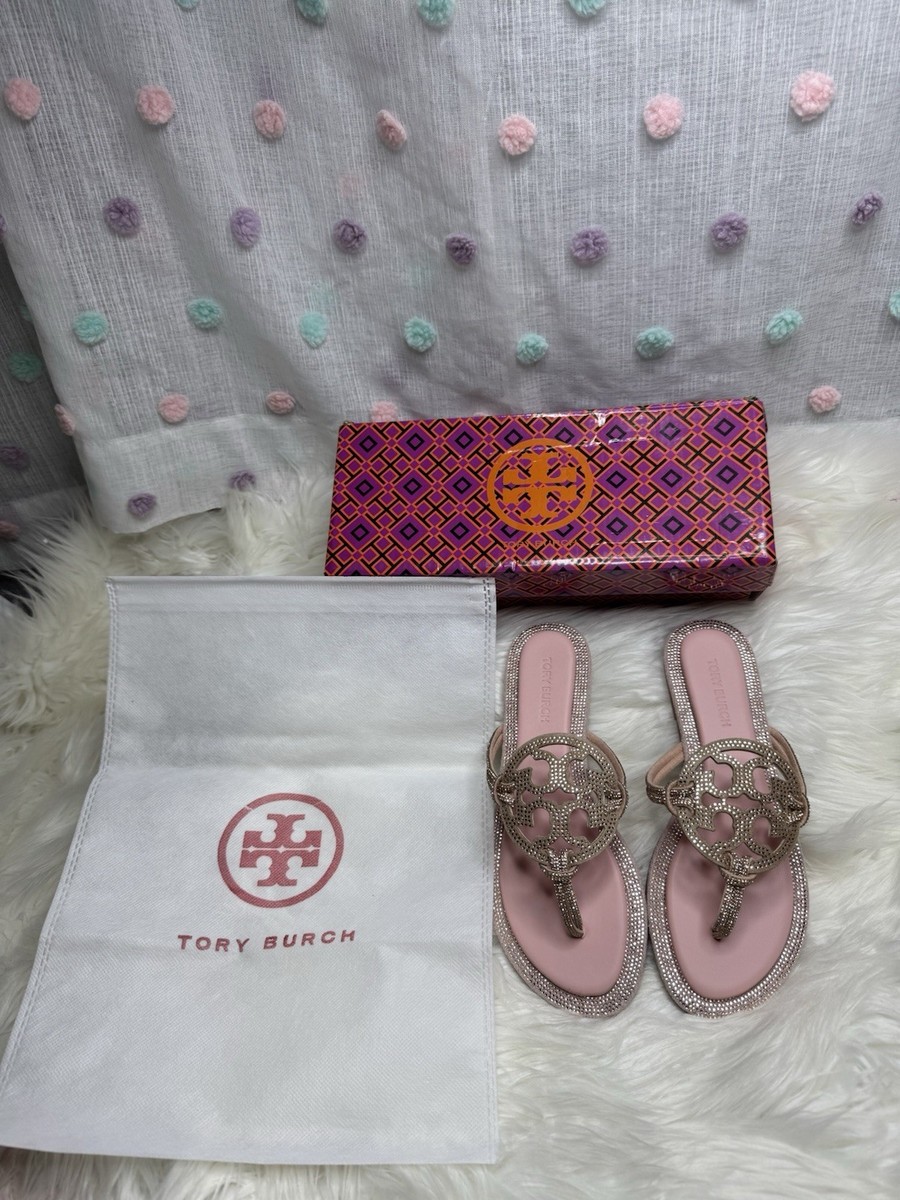 Tory Burch Thong Sandal Pink Rhinestone Logo Leather Women US6