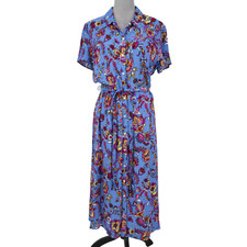 Talbots Dress Womens 12 Blue Pink Floral Shirtdress Elastic Waist Belt Career