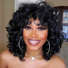 Curly Wigs for Black Women Soft Black Short Curly Wig with Bangs Afro Loose Curl