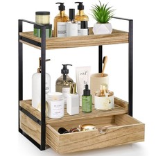 2-Tier Bathroom Organizer Countertop with Drawer, Wood Counter Shelf for Stor...