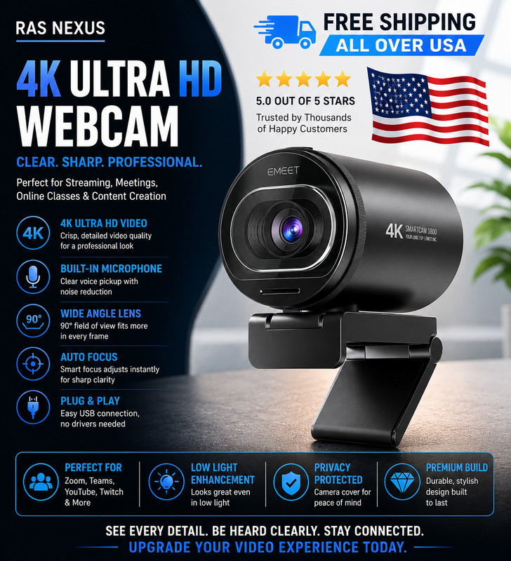 4K Webcam 1080P 60FPS Streaming Camera USB Autofocus with Mic