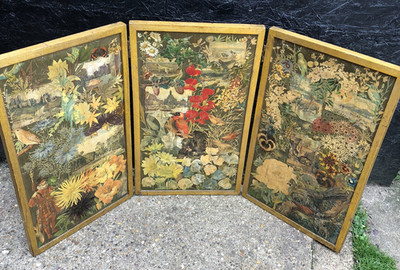 Antiker viktorianischer Decoupage Dreiplatten Paravent Boden Tisch handgefertigt Volkskunst