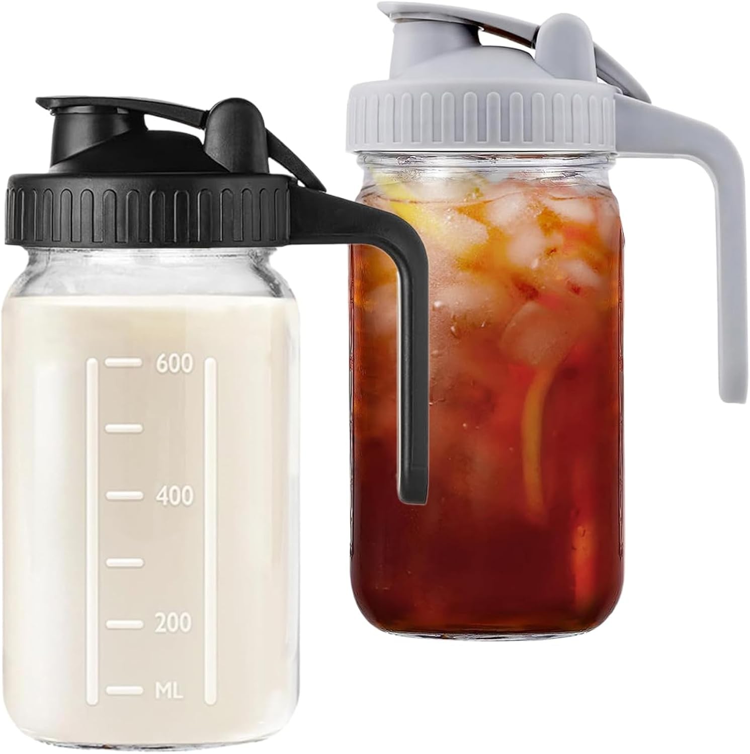 Hniuyun 2 Pack Glass Milk Pitcher Jug 32oz with Pour Spout Lid Black & Gray