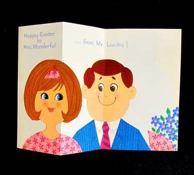 Vtg EASTER Card Husband Wife Newlyweds die cut Trifold Rust Craft UNUSED Mid Cen