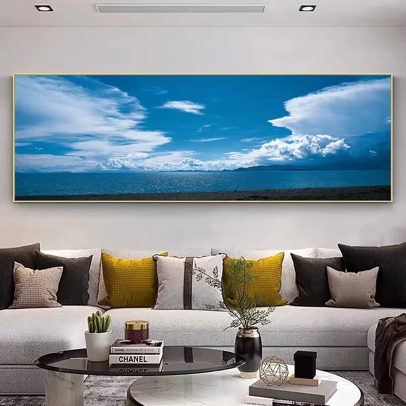 Panoramic Serene Mountain & Ocean Landscape Painting Canvas Wall Art Home Decor