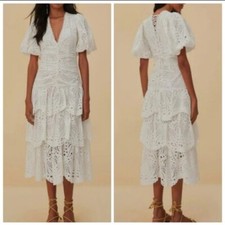 Farm Rio White Eyelet Puff Sleeve Midi Dress Size Small