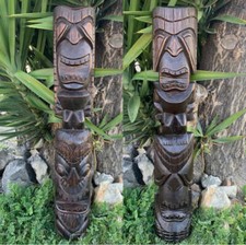 Hawaiian Tiki Gods Ku and Kane, Lono and Kanaloa Wood Carved Half Statue Set