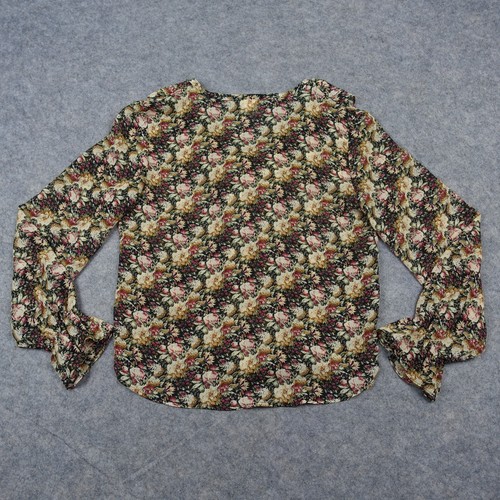 VINTAGE Wrapper Top Womens Medium Black Peasant Prairie Floral Blouse Bohemian - Picture 7 of 12