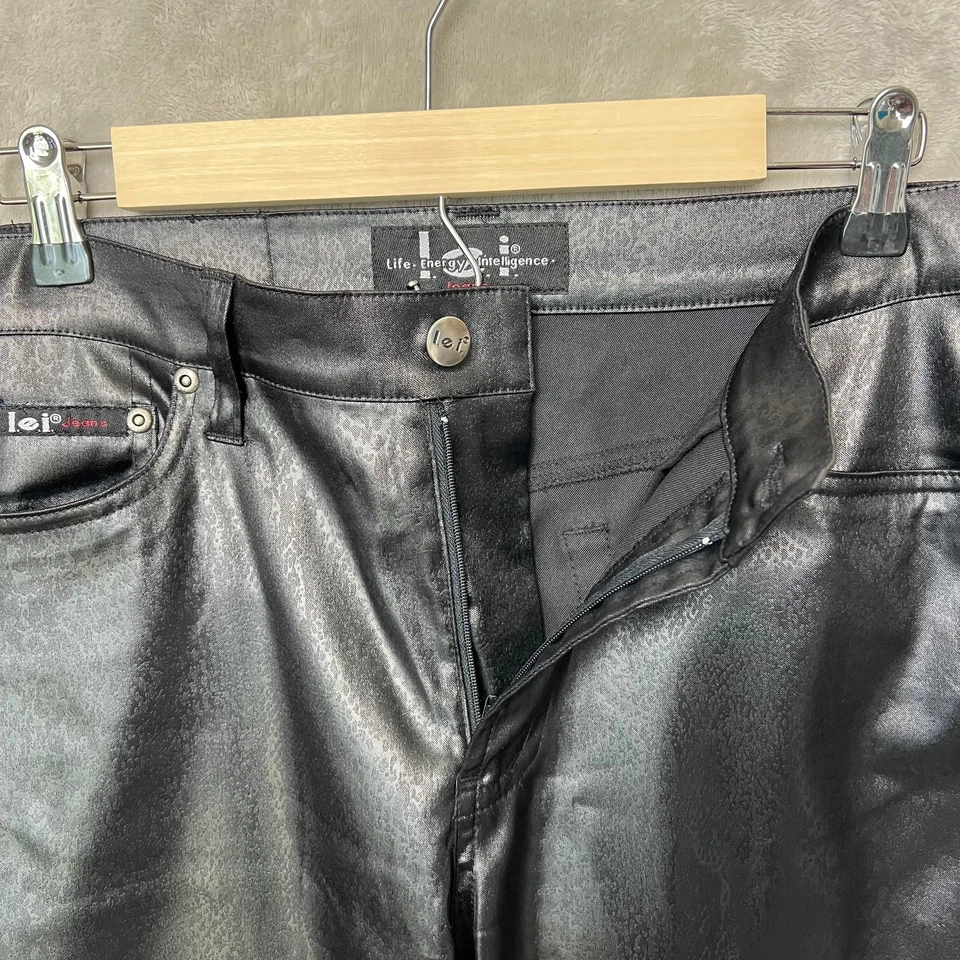 Pantalones LEI Para Mujer Y2K Años 90 Vintage Negro Estampado Animal Talla 9 Brillantes Tiro Medio Foto 3 de 4