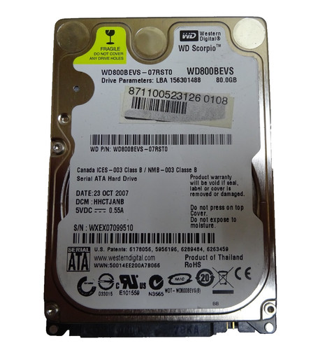 80GB SATA HDD WESTERN DIGITAL WD800BEVS - 07RST0 SN: WXEX07099510 2,5 " #NFP1081