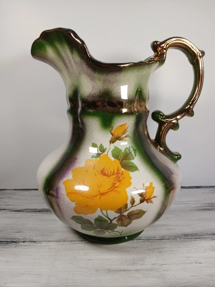 Antigua jarra de agua estilo victoriano verde amarillo rosa patrón adorno dorado 11" Foto 2 de 4
