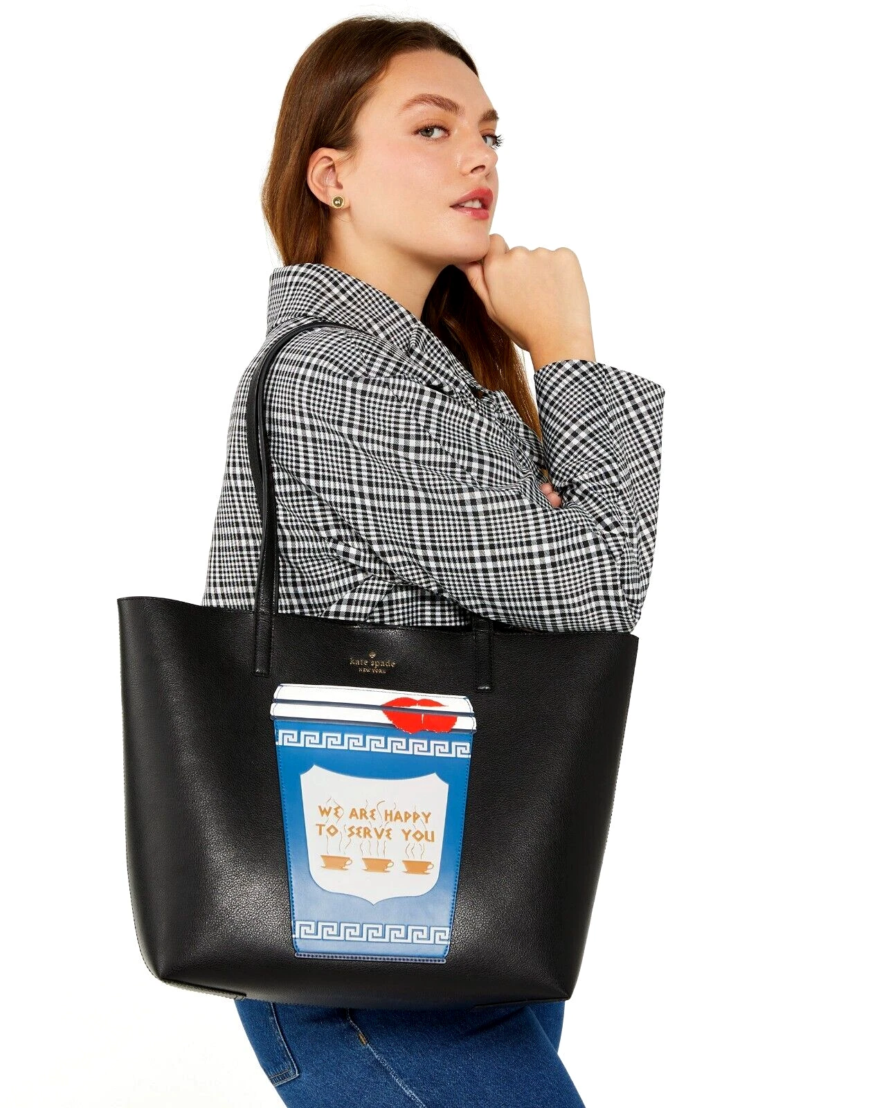 Nuova borsa Kate Spade Coffee Break grande in pelle nera multi