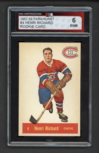 1957-58 PARKHURST #4 HENRI RICHARD ROOKIE CARD KSA 6 EX-NM
