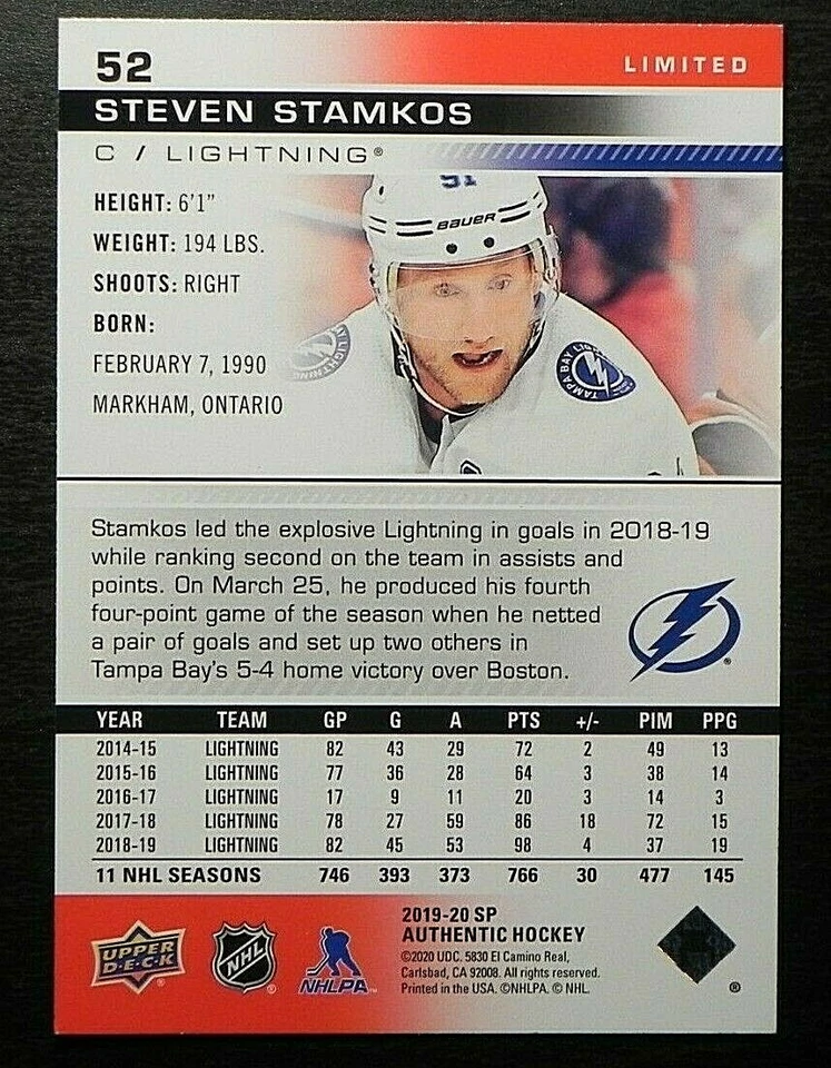 2019-20 19/20 SP Authentic LIMITED RED #52 Steven Stamkos Tampa Bay Lightning - Image 2 of 2