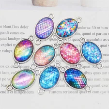 10 pcs Mix Lot Mermaid Scala Image Time Gem Bezel Pendant Jewelry Connectors