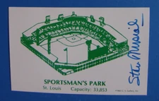 STAN MUSIAL AUTOGRAPHED 1983 G.S. GALLERY VINTAGE SPORTSMAN PARK STADIUM CARD.