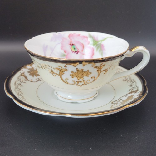 Vintage Trimont Ware Gold Gilt black & pink Occupied Japan Teacup & Saucer - Picture 4 of 21