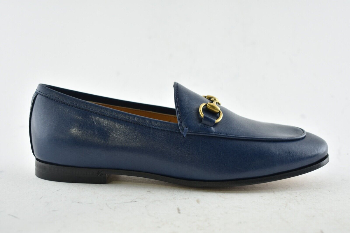 Gucci New Jordaan Blue Leather GG Logo Horsebit Loafer Mule