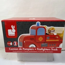 Janod Story Red Firefighters Truck w/ 2 Firefighters, Wooden Toy, 2-6 Years