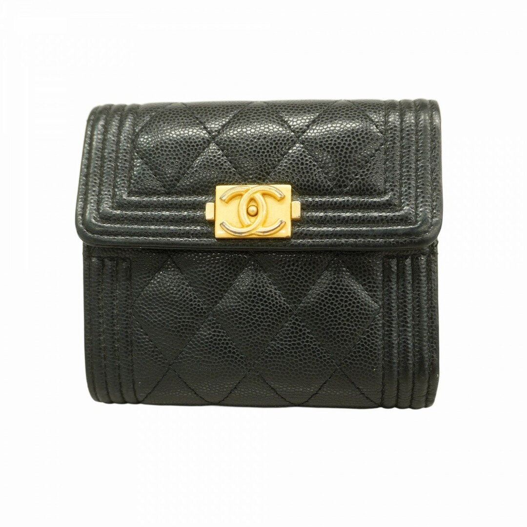 Chanel Trifold Boy Wallet Black Caviar Skin Gold Hardware Preowned 5Gc3909-H