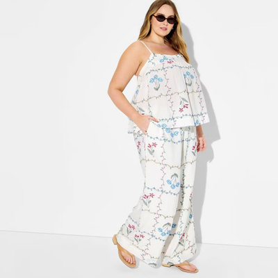 #ad Women Embroidered Wide Leg Pull On Pants Wild Fable White S $13.99