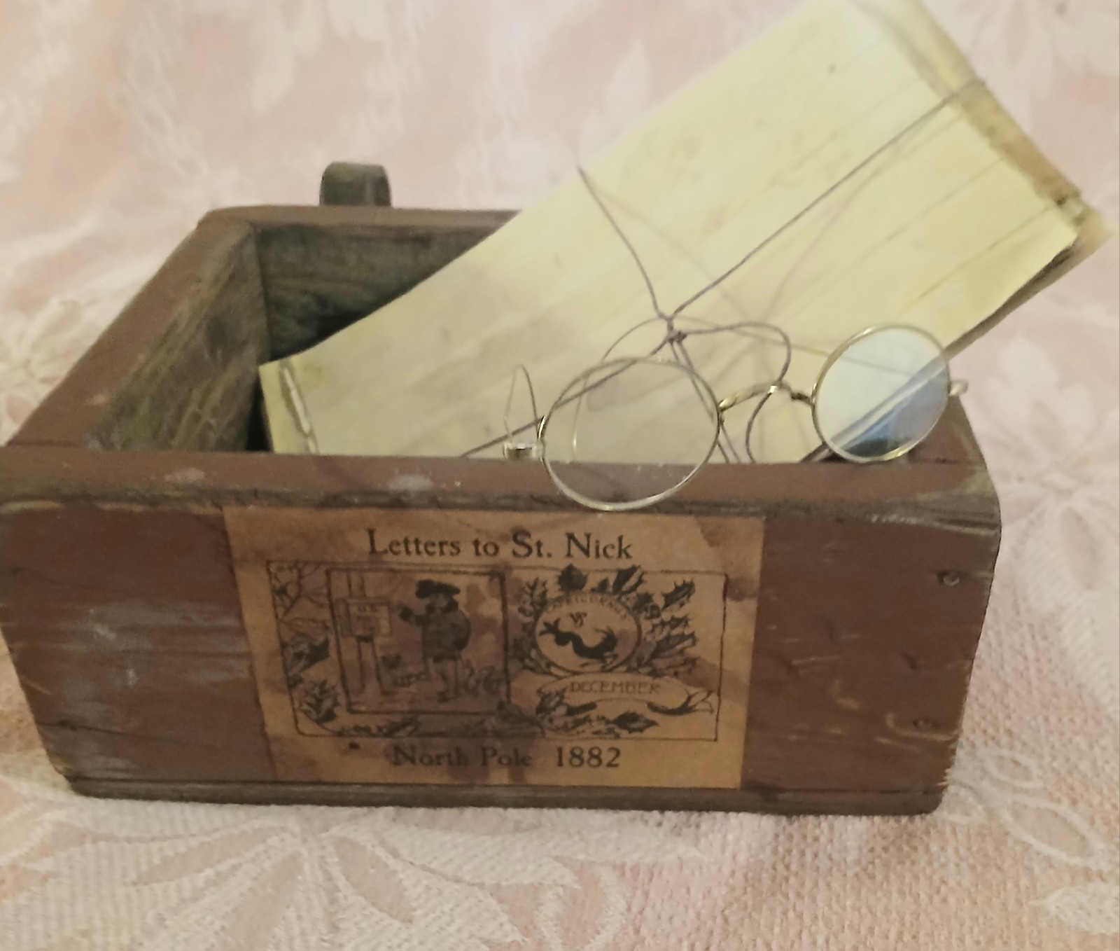 Prim Letters To St Nick Wood Box W/Faux Letters, Santa's Glasses Christmas 1800s