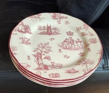 4 Wood & Sons Toille De Joile Scene Pink 7 3/4” Salad Plates England Red EUC Set