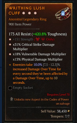    DIABLO 4 SEASON 13 LEGEN RING 3GA-STR+CRIT DMG+VUL DMG