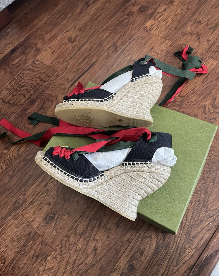 ALPARGATAS GUCCI GG CINTA CORBATA CUÑA -NEGRO/ROJO/VERDE EE. UU. Talla 9/39,5 Foto 4 de 4