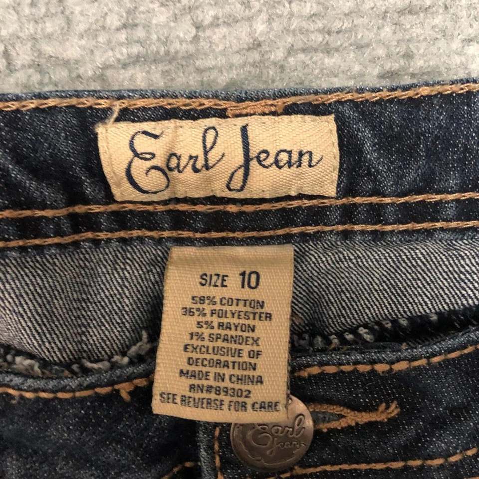 Pantalones de mezclilla Earl Jean para mujer talla 10 azul lavado oscuro pierna recta elásticos bordados Foto 4 de 4