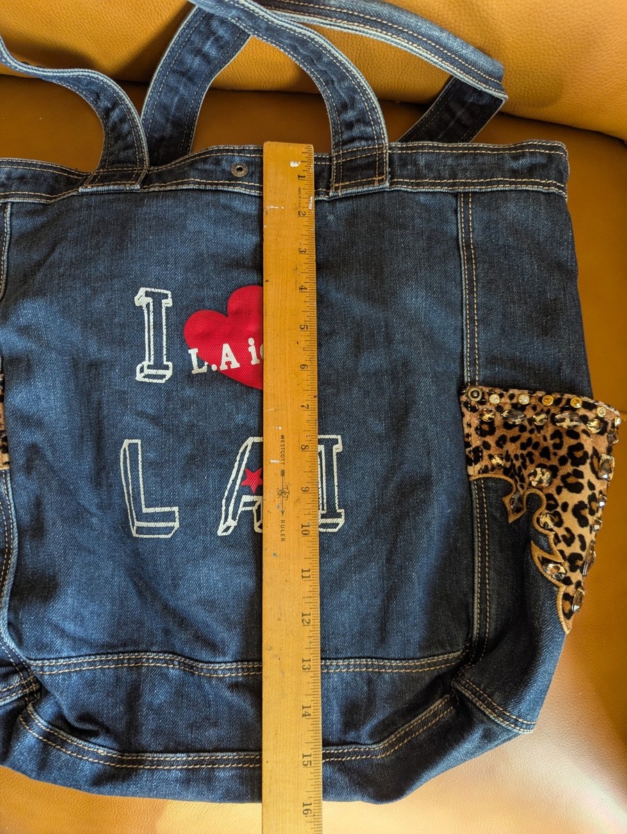 Denim Tote Bag With 6 Pockets Velvet Like Leopard Lining