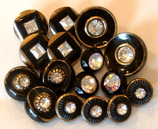 5 Sets Glamorous Vintage Black Glass Buttons Gold Luster Clear & AB Rhinestones