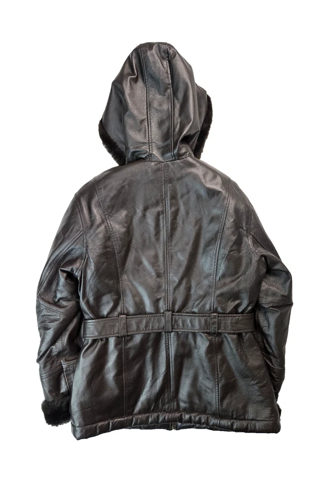 Pelle Studio Faux Fur Dark Brown Leather Hooded Belted Jacket Womens Small S - Image 2 of 4