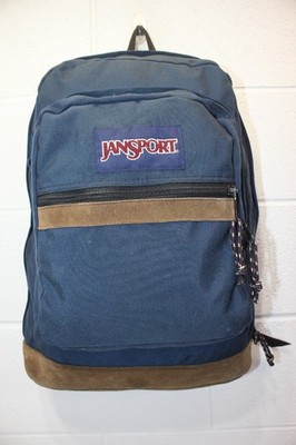 Vintage USA MADE Jansport Leather Bottom Backpack Navy Blue Canvas