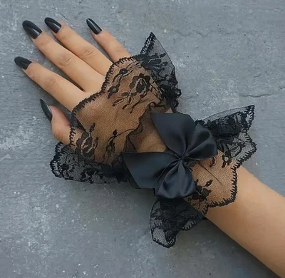 Envois 24/48h Gants Dentelle Noir Femme sans doigts Gothique Vintage punk - Photo 1/3