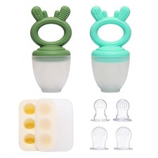 Baby Fruit Food Mesh Feeder with Mini Freezer Tray, 2 Pack Green Blue