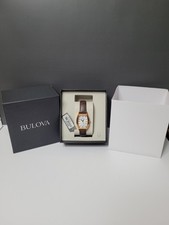 Bulova 97L114 Women's Tonneau Rose Gold White Dial Brown Leather Watch