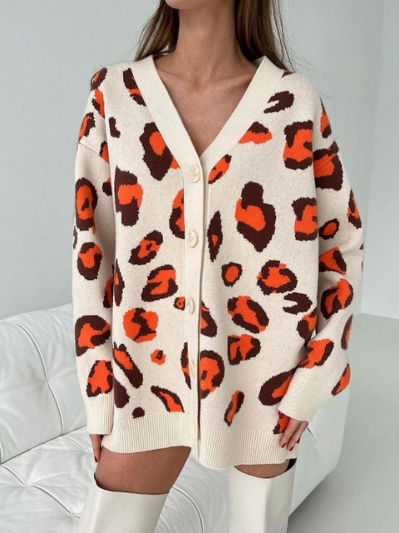Beige Leopard Print Cardigan Oversize Jacket Loose Green Thick Knitted  Cardigan | eBay