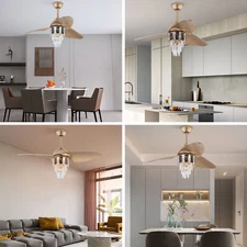 48'' Gold Crystal Ceiling Fan 6-Speed 3-Color LED Light Chandelier+Timing Remote