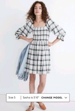 Madewell Lucie Elbow-Sleeve Smocked Mini Dress in Lebaum Plaid Women's Size M