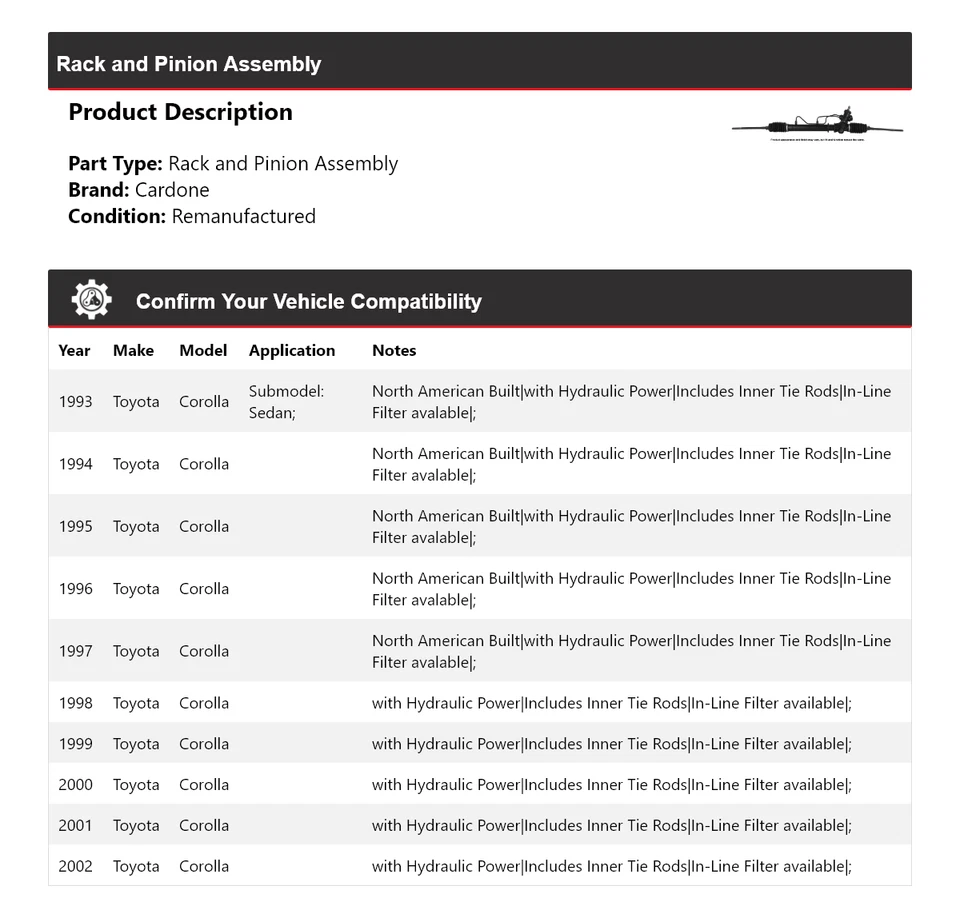 Montaje de piñón y cremallera para Toyota Corolla 1993-2002 Cardone 1994 1995 1996 Foto 2 de 4