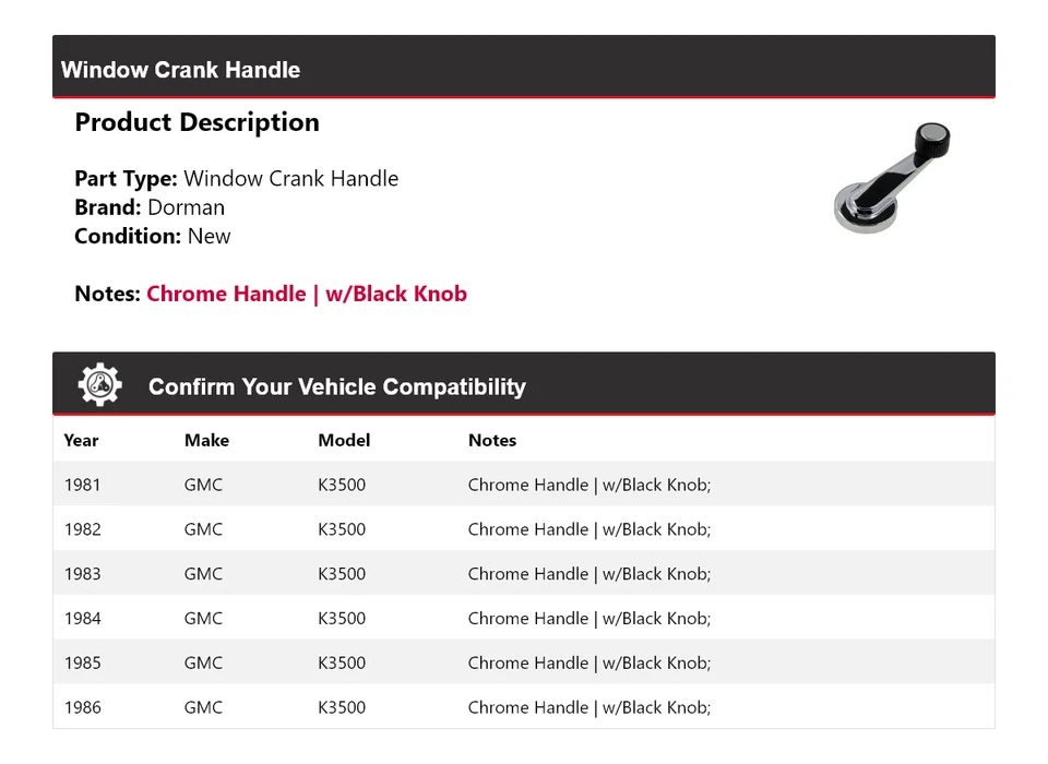 Manivela ventana Dorman 1981-1986 GMC K3500 1982 1983 1984 1985 Foto 2 de 4