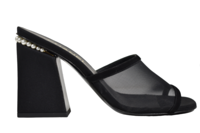 Chanel 22A Black Mesh Pearl CC Logo Block Heel Backless Mule