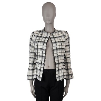 70805 auth CHANEL white black silk 2005 05P PLAID TWEED Jacket 34