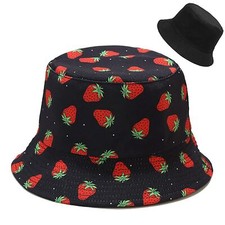 Strawberry Print Black Bucket Hat for Women Summer Travel Beach Outdoor Sun H...